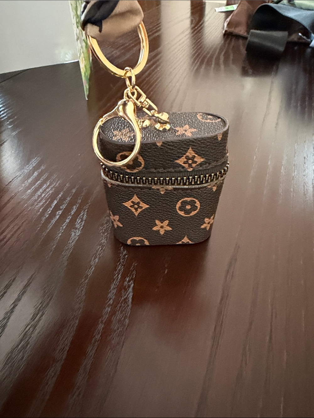 Designer-Style Brown Monogram AirPod Case Keychain
